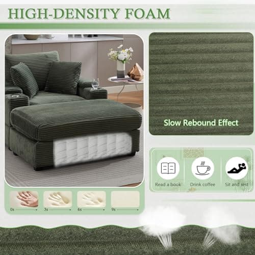 Oversized Green Corduroy Chaise Lounge with Storage & Ottoman, Reclining Sofa Bed