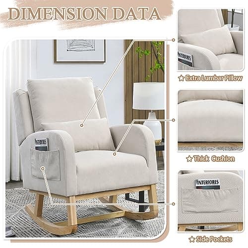 Upholstered Rocking Chair for Nursery with Lumbar Pillow - Beige