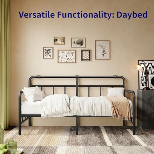 Twin Daybed Frame with Classic Headboard - Heavy Duty Steel Slats (Black)