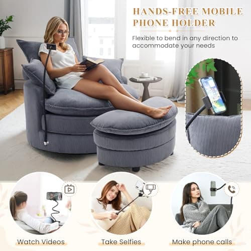 Modern Grey 360 Degree Swivel ARMChair with Phone Holder & Storage Ottoman