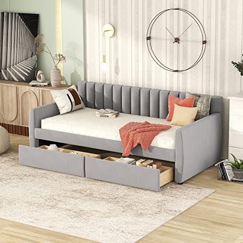 Upholstered Daybed with Storage Drawers, Velvet Sofa Bed Daybed (Twin Size, Beige)