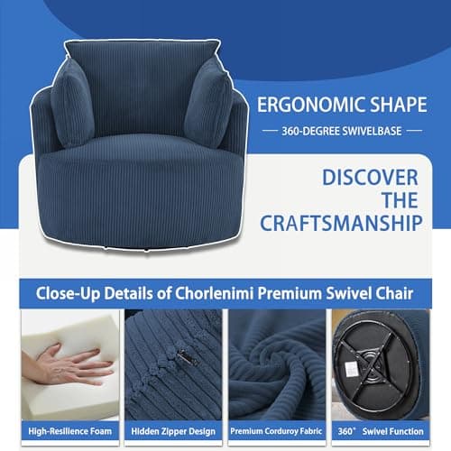 360° Swivel Blue Barrel Armchair with Washable Cushions
