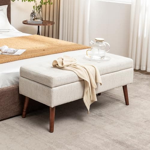 Beige Linen Tufted End of Bed Storage Bench with Solid Wood Legs
