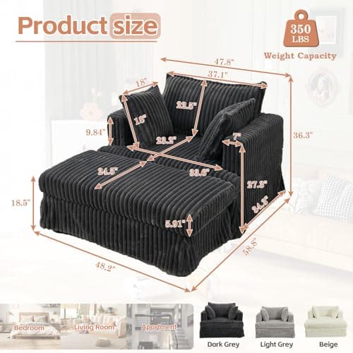 Oversized Corduroy Chaise Lounge Chair with Ottoman for Living Room, Bedroom
