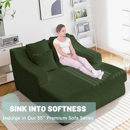 Oversized Green Chaise Lounge Chair with 4 Pillows, Living Room or Bedroom Sleeper