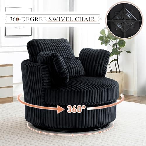 40" Modern Black Swivel Chair with 360° Metal Base & Plush Pillows, Thick Cushion, Living Room & Bedroom Accent (Black)