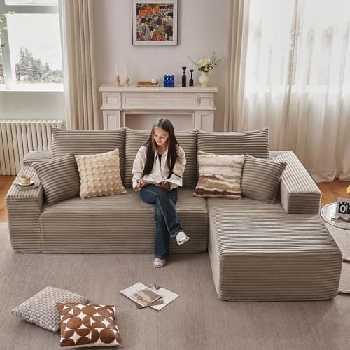 107" Modern Black Corduroy L-Shaped Sofa, Deep Seat Chaise for Living Room