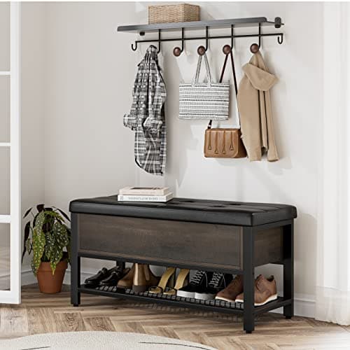 Dark Brown HOSTACK Entryway Shoe Bench with Flip-Open Storage