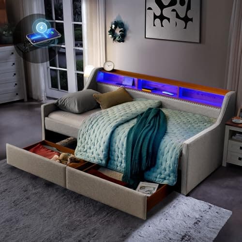Modern Twin Size Daybed with Storage Drawers, Wireless Charger, and LED Light for Living Room or Apartment