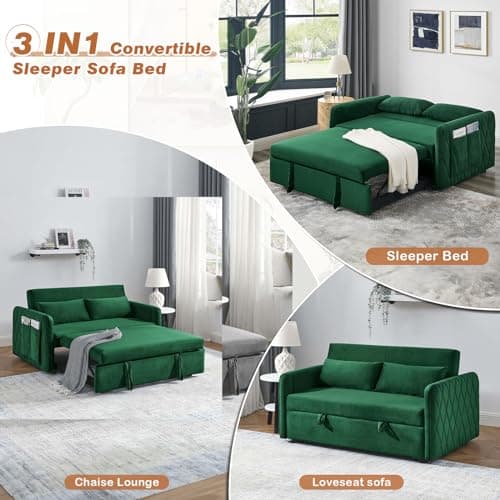 Convertible Sleeper Sofa Couch with Pull Out Bed, 55 Modern Velvet Sofa Bed with Adjustable Backrest & Side Pocket in Green