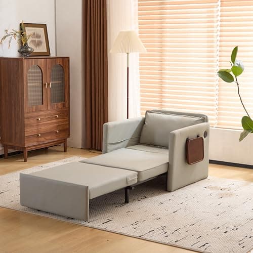 Livavege 3-in-1 Convertible Sleeper Sofa Chair, Linen Futon with Phone & Cup Holders