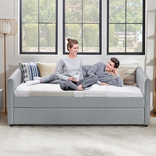 Linen Twin Size Daybed with Trundle - Grey Upholstered Wood Frame for Living Room/Bedroom/Guest Room