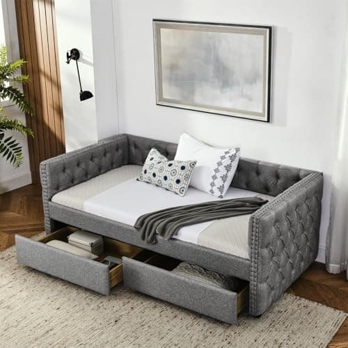 Twin Size Nailhead Trim Button Tufted Daybed with Storage Drawers, Grey