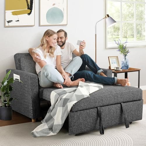 SEJOV 3-in-1 Convertible Sleeper Sofa, Linen Fabric with Adjustable Backrest, Black