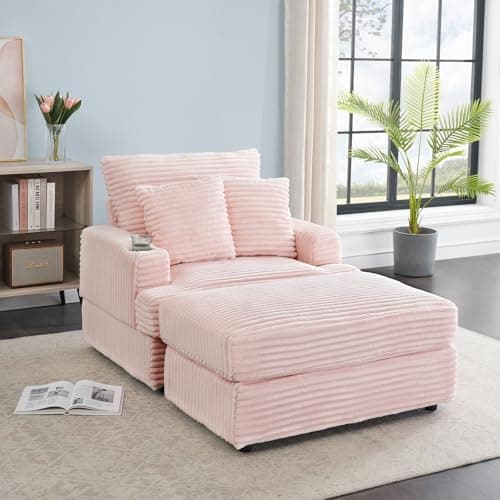 Cozy Chaise Lounge Chair with Ottoman for Indoor, Modern Deep Seat Sofa (White)