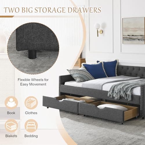 KINFFICT Modern Upholstered Full Size Button-Tufted Daybed with Storage