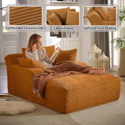 Comfy Oversized Chaise Lounge Chair for Indoor Use (Orange)