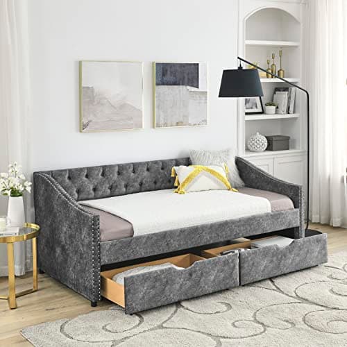 Upholstered Full Size Daybed with Storage and Headboard (Beige)