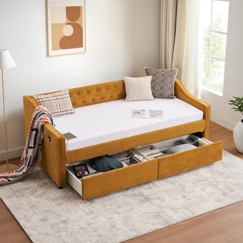 Twin Size Velvet Daybed with Storage & USB Charging,Button Tufted Yellow Webcam-Free Sofa Bed