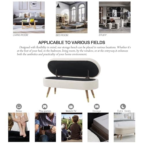 IAFIKE Beige Oval Storage Ottoman Bench with Golden Legs (43.5")