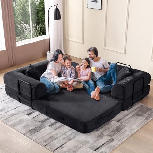 JEEOHEY Convertible Sofa Bed, Queen Size Memory Foam Couch for Living Room & Bedroom, Black