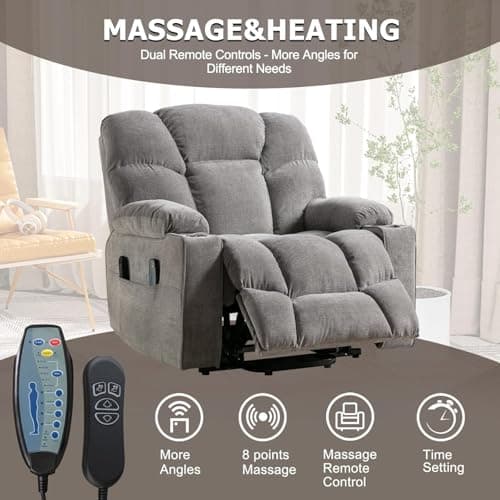CANMOV Heavy Duty Electric Lift Recliner Chair with Massage, Heat, USB, Grey