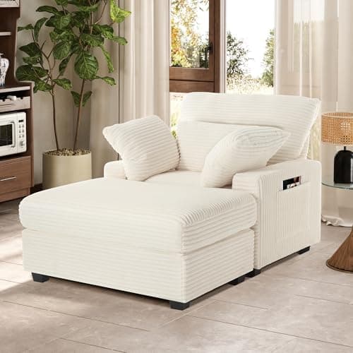 Oversized Indoor Chaise Lounge Chair with Ottoman - 57.5 Corduroy Sofa for Bedroom, Living Room, Office (Beige)