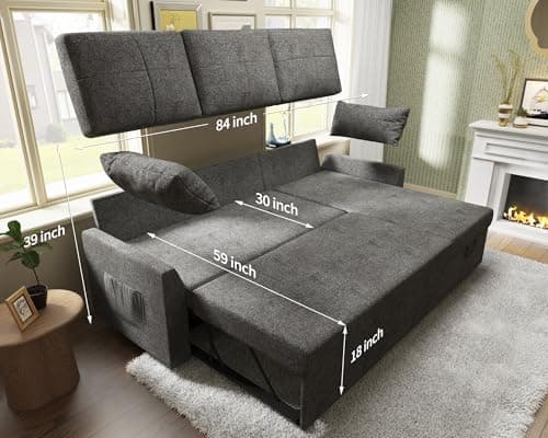 VanAcc 2-in-1 Sleeper Sofa Bed with Storage Chaise - Grey Linen Couch for Living Room