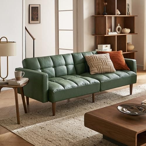 Mid Century Modern Futon Couch for Living Room and Bedroom - Pecan Brown, Faux Leather