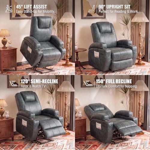 Flamaker Power Lift Recliner Chair PU Leather with Massage for Elderly Ergonomic Lounge Chair Classic Single Sofa with 2 Cup Holders Side Pockets Home Theater Seat (Leather, Light Black)
