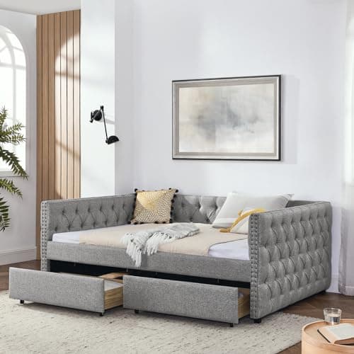 Modern Twin Daybed with Storage and 2 Drawers for Apartment Bedroom, Beige