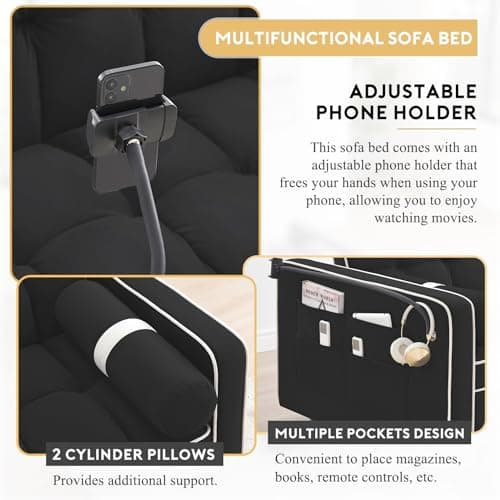 Convertible Sleeper Sofa with Adjustable Backrest, Velvet Tufted Pull Out Couch Bed for Small Spaces (Black)