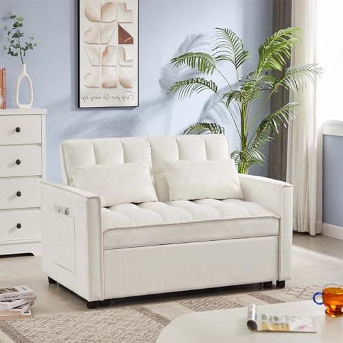 JEEOHEY Off White Convertible Sleeper Sofa Bed, Modern Velvet 53" Sofa Bed for Small Space & Living Room