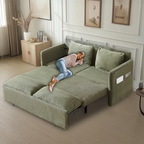 3-in-1 Corduroy Green Pullout Couch Bed with Side Pockets