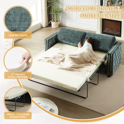 Chenille Convertible Sleeper Couch Bed, Full Size Memory Foam Mattress(Green)