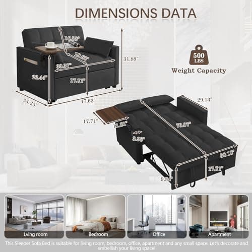 3 in 1 Sleeper Sofa Bed, Velvet Futon with Chaise Lounge & Reclining Backrest (Black)