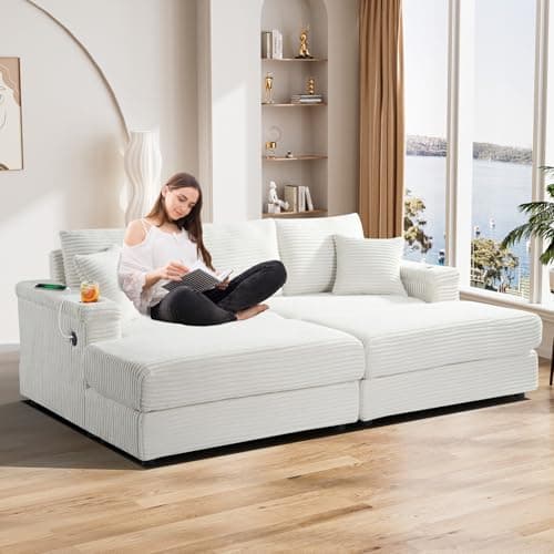 Beige & White Oversized Chaise Longue with USB & Cup Holder, 42" W