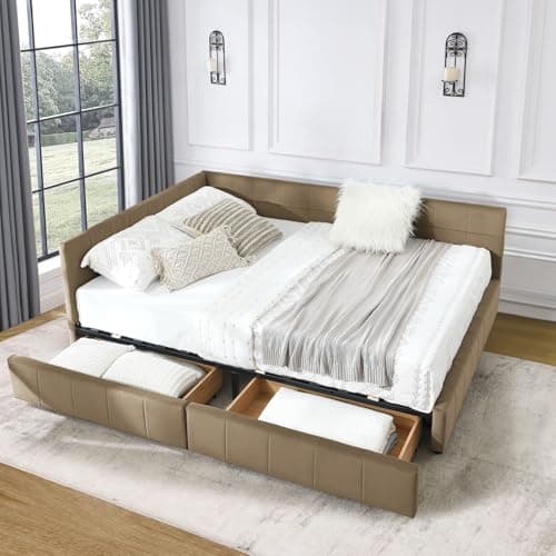 Tufted Velvet Queen Daybed with Storage, Wood L-Shaped Frame, Living Room Sofa Bed, Beige