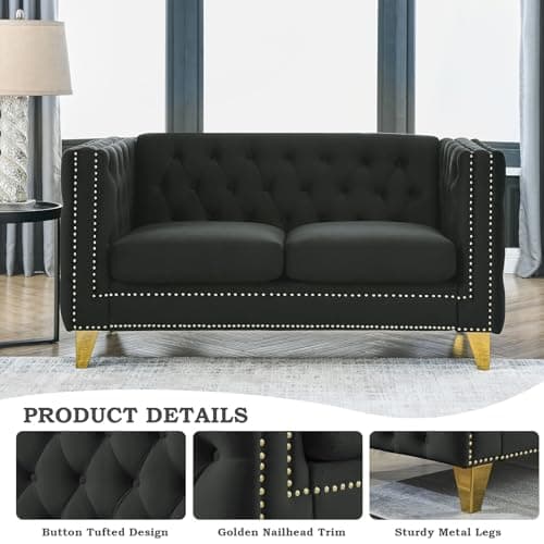 Modern Velvet Chesterfield Sofa with Button Nailhead - Black