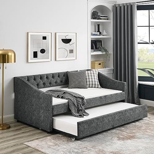Upholstered Full Size Daybed with Storage and Headboard (Beige)