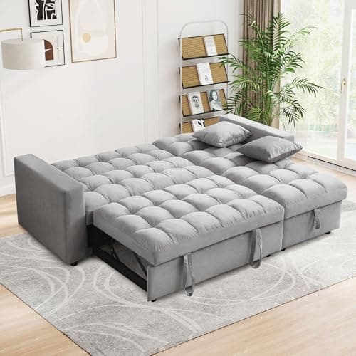 Convertible Sleeper Sofa Bed,82.6"W Velvet Tufted L Shaped Sectional Couch with Adjustable Back & Reversible Storage Chaise,Modern Futon Pull Out Couch Bed for Living Room,Apartment,Small Place(Grey)