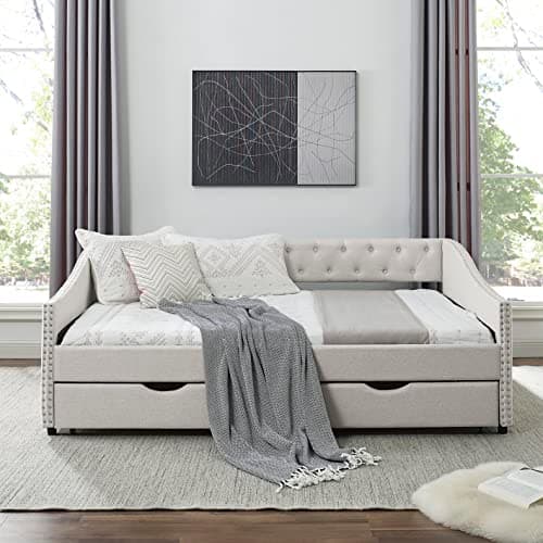 Beige Wood Full Size Daybed with Storage, Upholstered Nailhead Design, No Box Spring Needed