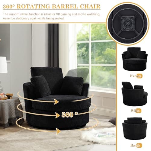 JEEOHEY 360 Degree Swivel Chenille Fabric Chair Set, Black, Oversized Sofa Accent