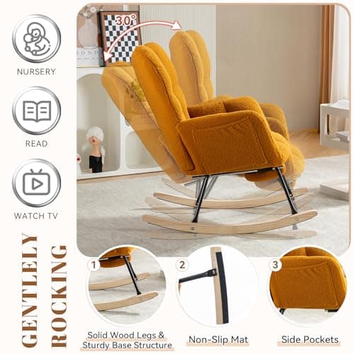 JEEOHEY Teddy Glider Rocking Chair with Footrest and High Backrest for Nursery, Living Room, and Bedroom (Caramel)