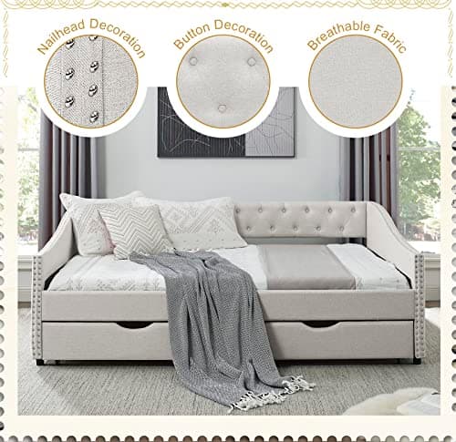 Beige Wood Full Size Daybed with Storage, Upholstered Nailhead Design, No Box Spring Needed