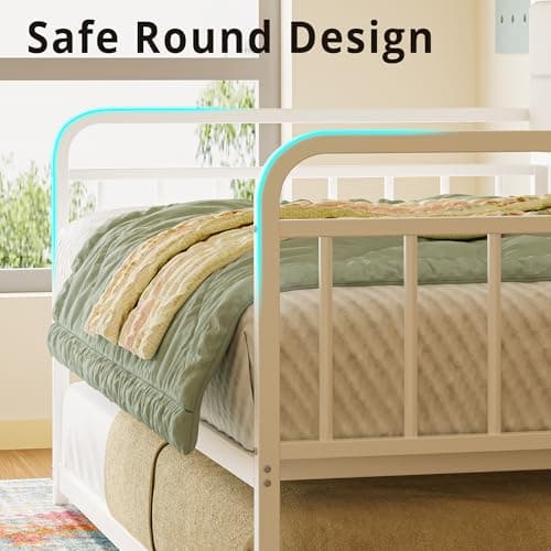 LIKIMIO Sturdy Metal Twin Daybed with Upholstered Headboard & Charging Station, White