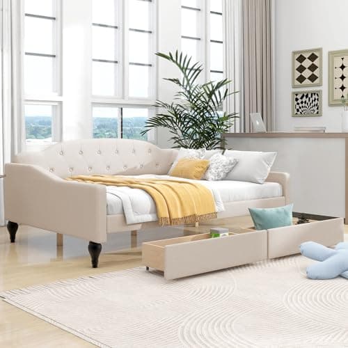 Beige Upholstered Tufted Daybed with Storage, Easy Assembly, No Box Spring Needed