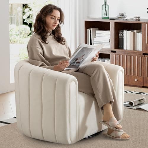 Beige ANJ Swivel Barrel Chair, Comfy Living Room Accent (Completely Assembled)