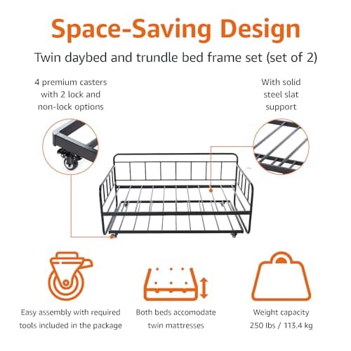 Amazon Basics Twin Daybed Trundle Bed Frame, Black, Easy Assembly, 77.3 x 40 x 35.4 in