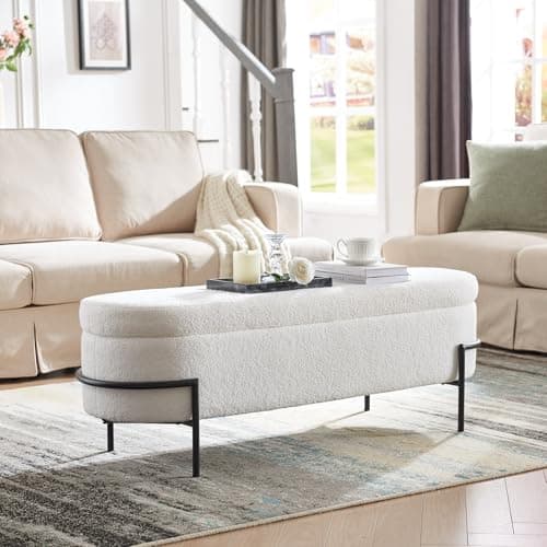 Sherpa Storage Bench, 52 Inch Oval Ottoman with White Upholstery and Metal Stand